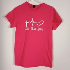 Pink Faith Hope Love Cross Heartbeat Christian T-Shirt Women's Small